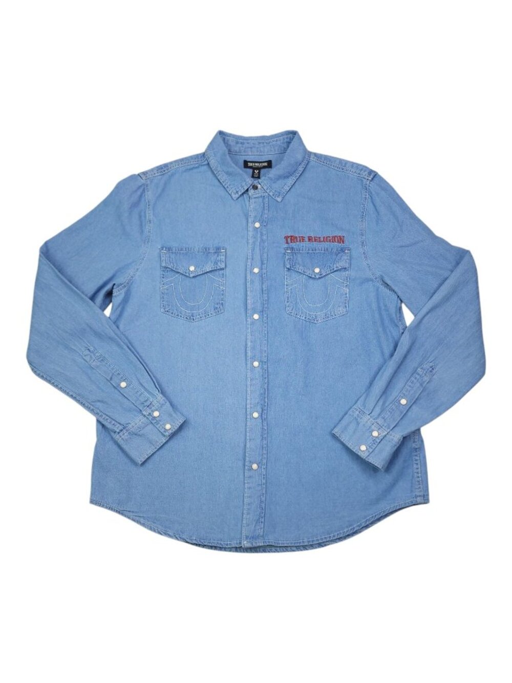 True Religion Light Blue Chambray Long Sleeve Shirt M Snaps Denim Chest Pockets